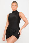 Black Sleeveless High Neck Ruched Mini Dress
