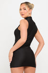 Black Sleeveless High Neck Ruched Mini Dress