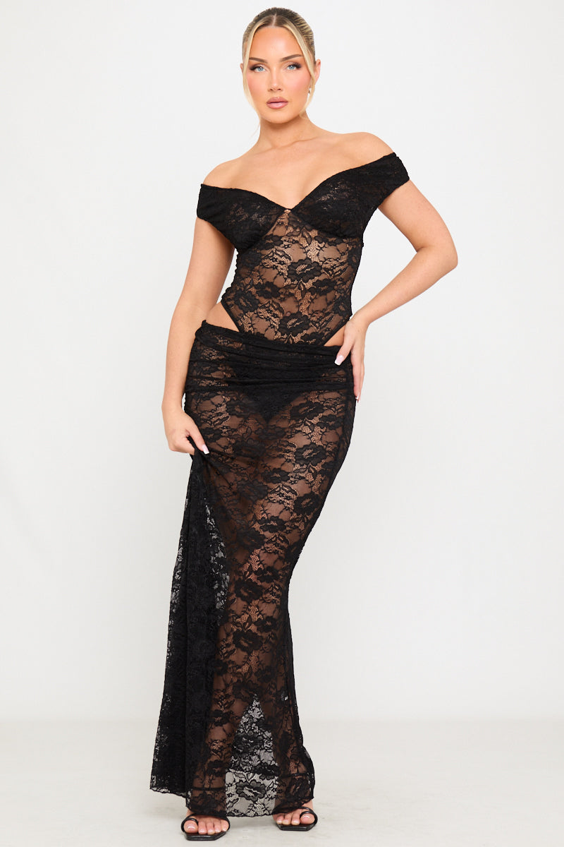 Black Lace Off Shoulder Bodysuit & Maxi Skirt Co-Ord
