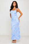 Blue Floral Embroidered Shoulder Tie Maxi Dress