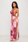 Pink Beaded Floral Print Backless Chiffon Maxi Dress