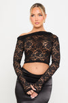 Black Sheer Floral Lace One Shoulder Long Sleeve Top