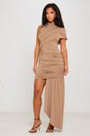 Taupe High Neck Ruched Draped Mini Dress