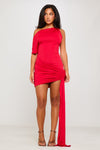 Red One Shoulder Asymmetric Draped Mini Dress