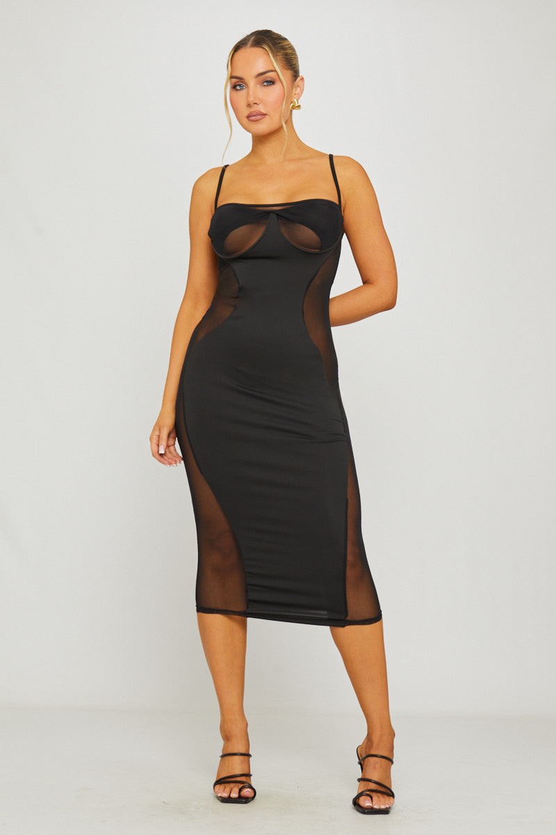 black mesh panel midi dress Reiss Ava Mesh-Panel Belted Pleated Midi Dress