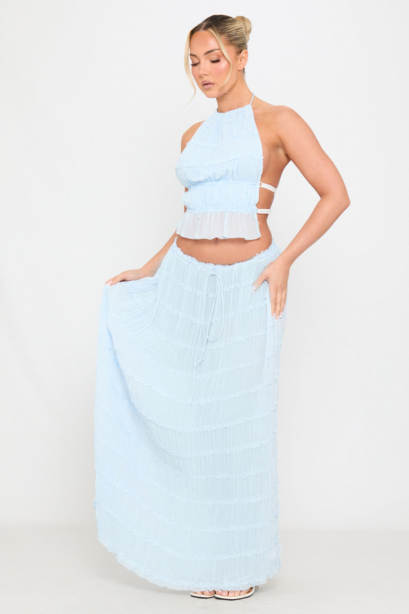 Light Blue Ruched Sheer Halter Top & Maxi Skirt Co-Ord