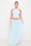 Light Blue Ruched Sheer Halter Top & Maxi Skirt Co-Ord