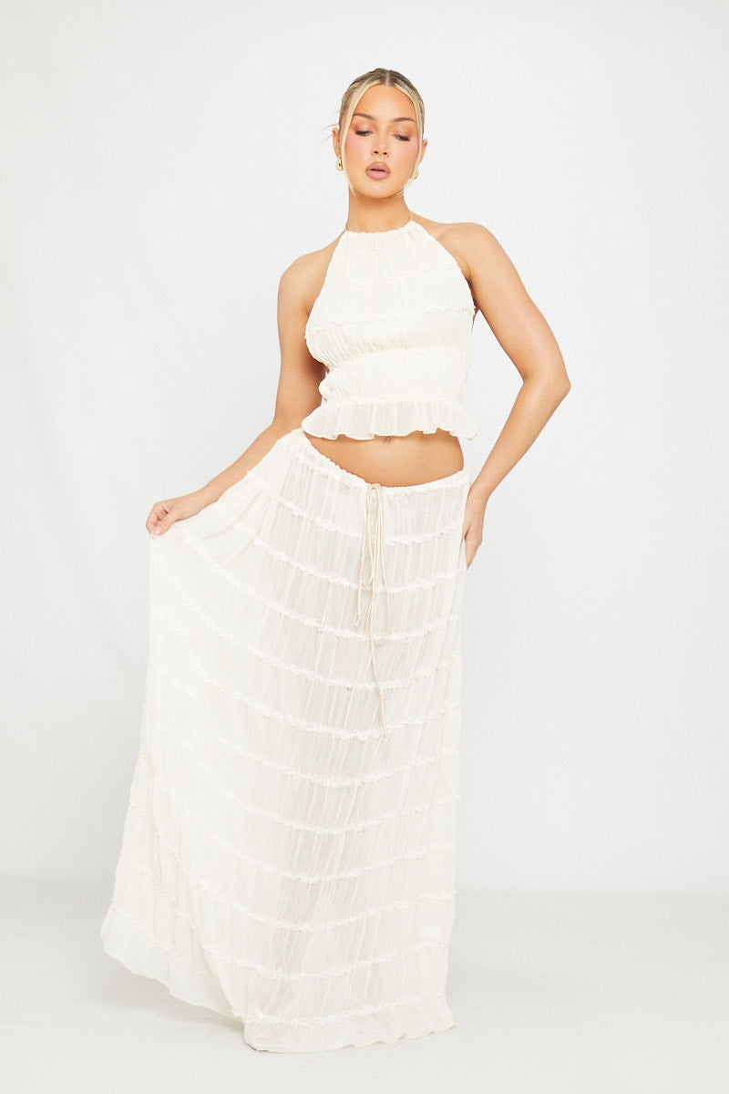 Cream Ruched Sheer Halter Top & Maxi Skirt Co-Ord
