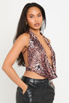 Leopard Print Plunge Halter Open Back Top 