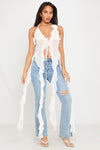 White Sheer Mesh Plunge Halter Neck Ruffle Top