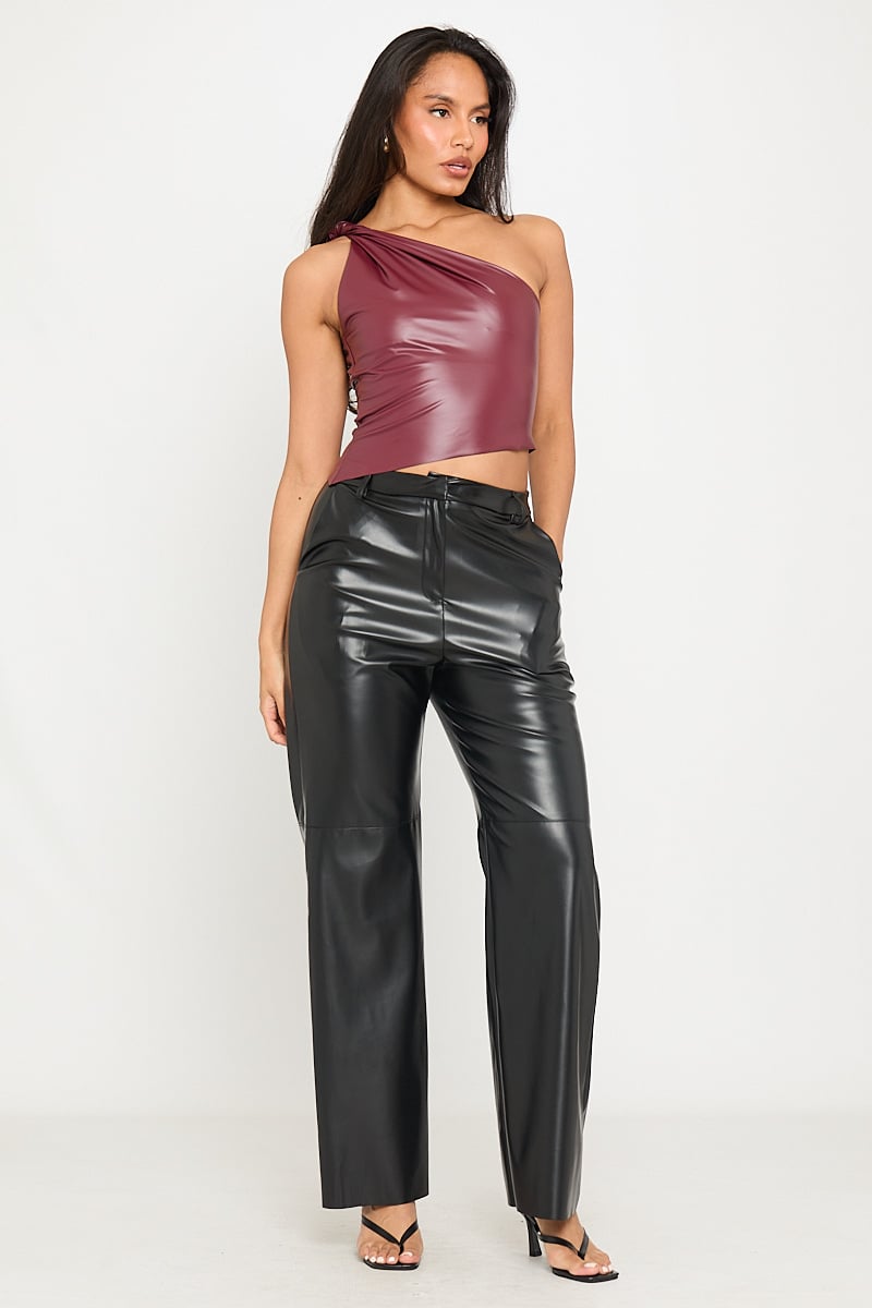 Wine Faux Leather Twist One Shoulder Top