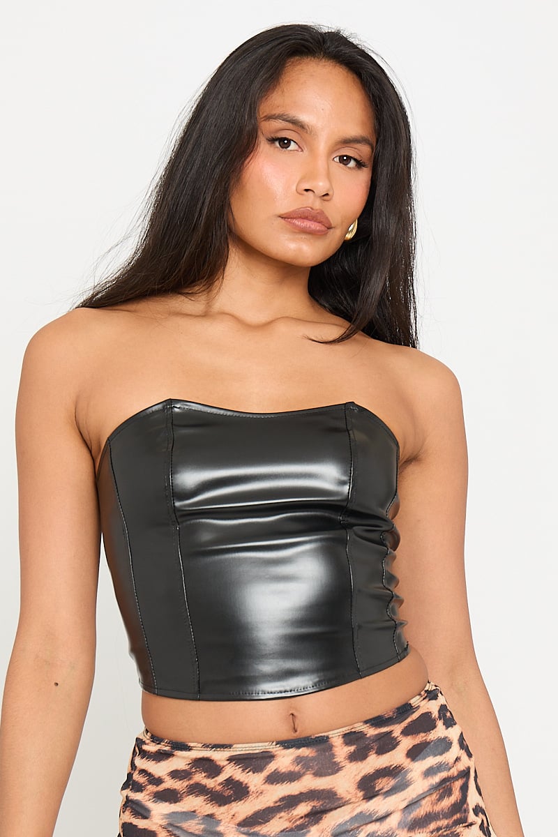 Black Faux Leather Bustier Corset Crop Top