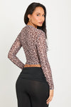 Leopard Print Sheer Mesh Long Sleeve Crop Top