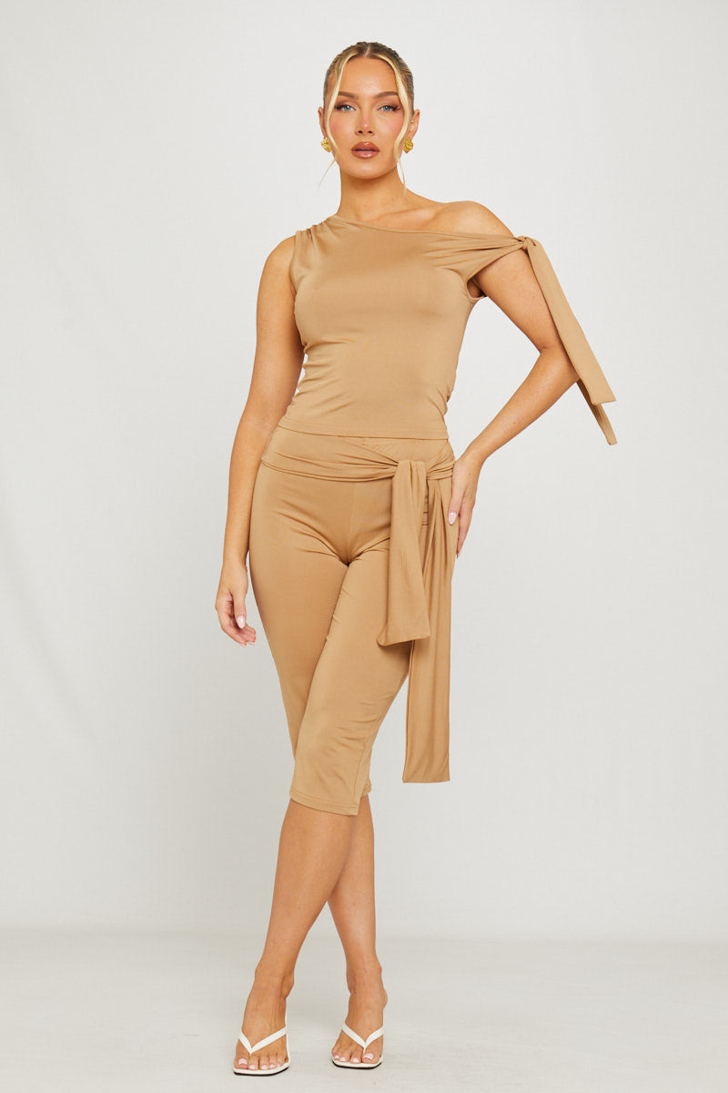 Taupe One Shoulder Knot Detail Top & Capri Pants Co-Ord