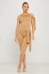Taupe One Shoulder Knot Detail Top & Capri Pants Co-Ord