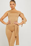 Taupe One Shoulder Knot Detail Top & Capri Pants Co-Ord