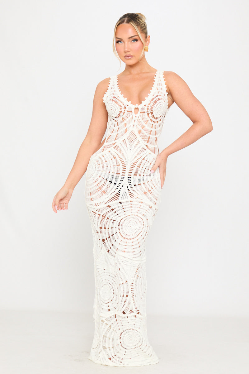 Cream Crochet Sleeveless Cut Out Maxi Dress