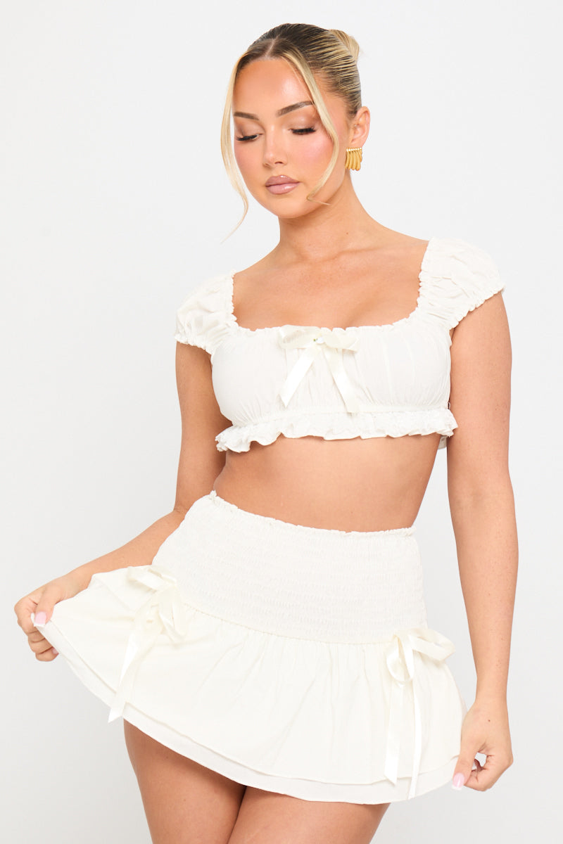 White Ruched Bow Detail Crop Top & Mini Skirt Co-Ord