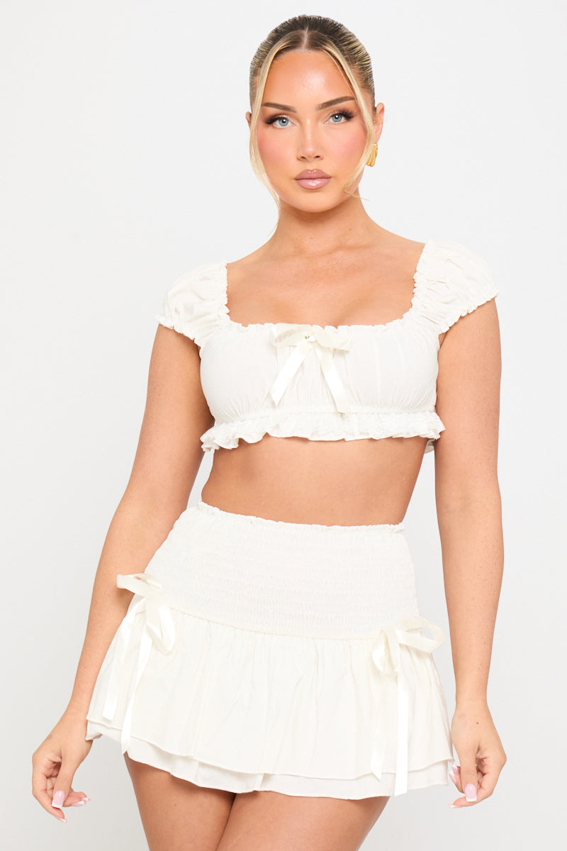 White Ruched Bow Detail Crop Top & Mini Skirt Co-Ord