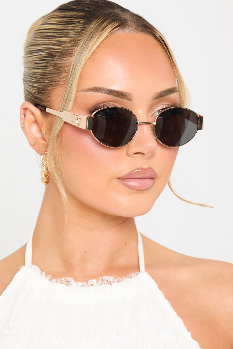 Gold Black Metal Oval Frame Sunglasses