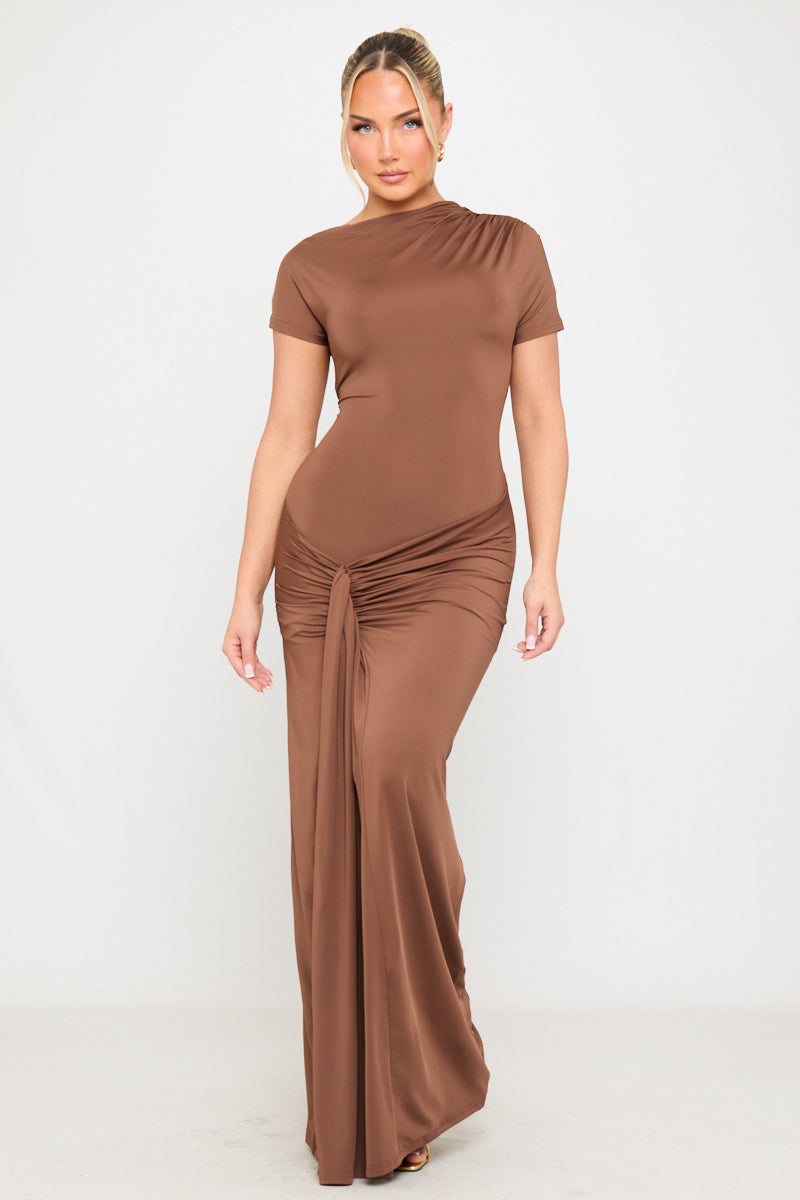 Brown Draped Asymmetrical Ruched Maxi Dress