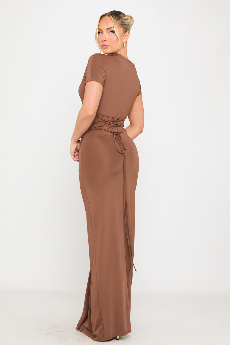 Brown Draped Asymmetrical Ruched Maxi Dress