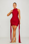 Wine High Neck Draped Detail Mini Dress