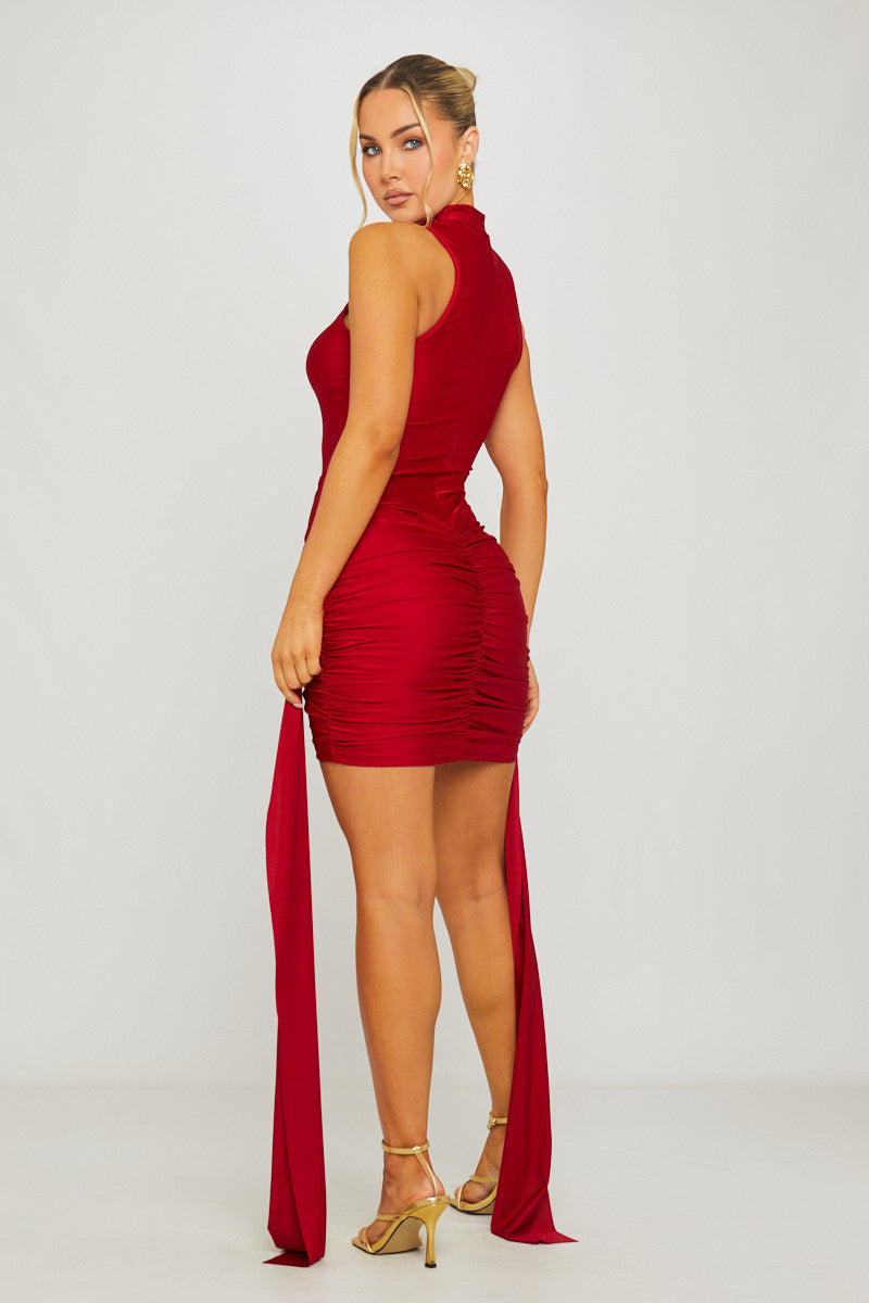 Wine High Neck Draped Detail Mini Dress