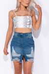 Mid Blue Distressed Denim Mini Skirt