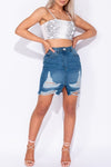 Mid Blue Distressed Denim Mini Skirt