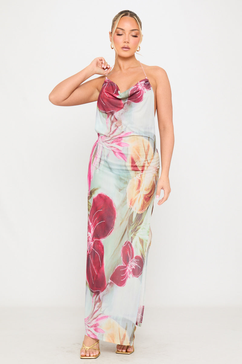 Multi Beaded Floral Print Backless Chiffon Maxi Dress