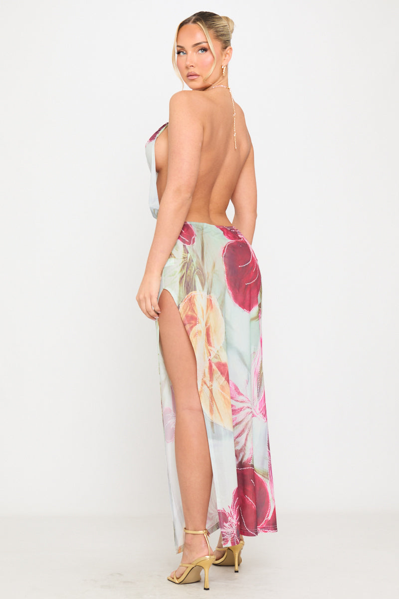 Multi Beaded Floral Print Backless Chiffon Maxi Dress