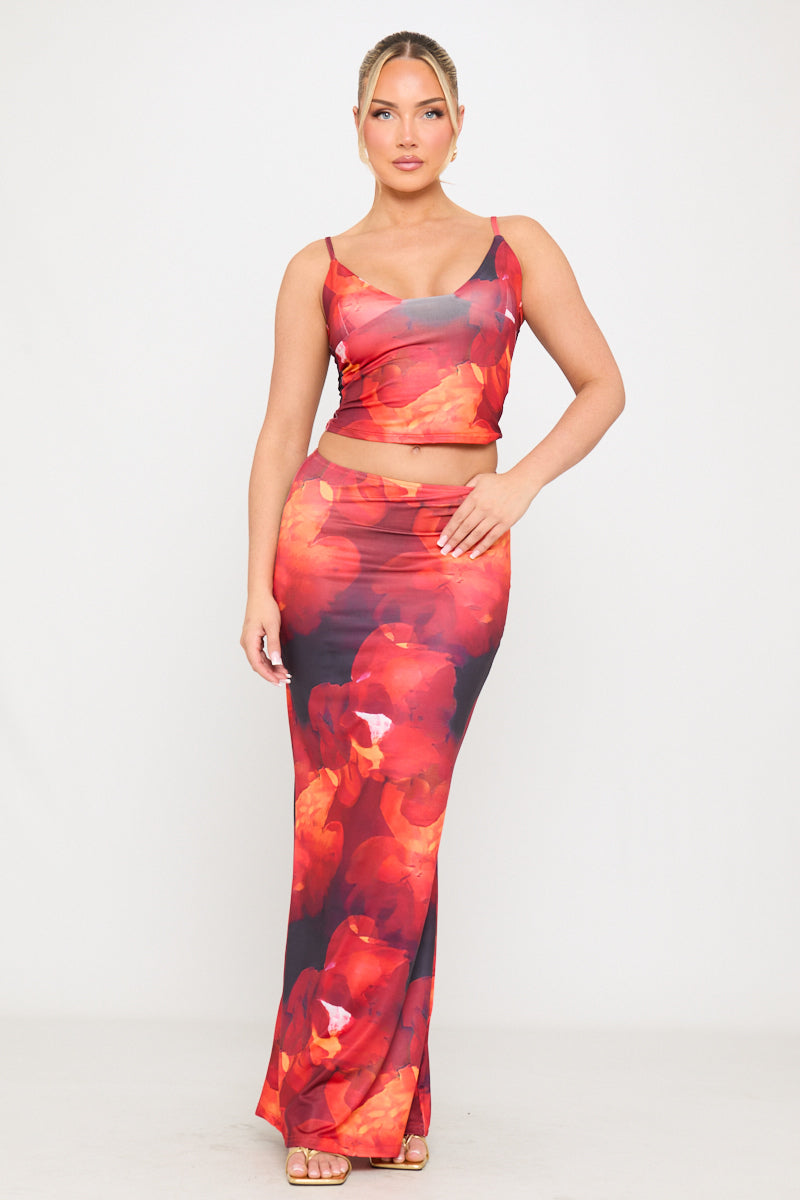Red Floral Print Strappy Top & Maxi Skirt Co-Ord