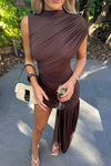 Brown High Neck Ruched Draped Mini Dress