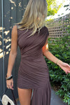 Brown High Neck Ruched Draped Mini Dress