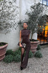 Brown High Neck Ruched Draped Mini Dress