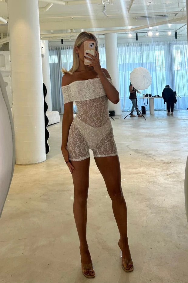 White Sheer Lace Off Shoulder Fold Over Playsuit