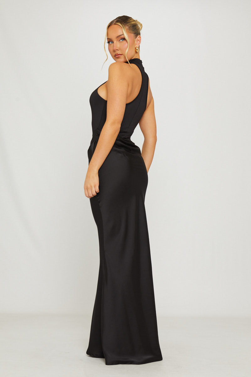 Black Mock Neck Draped Asymmetric Maxi Dress