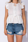 White Broderie Anglaise Lace Peplum Detail Top