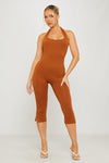 Brown Halter Neck Open Back Capri Jumpsuit