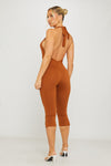 Brown Halter Neck Open Back Capri Jumpsuit