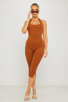 Brown Halter Neck Open Back Capri Jumpsuit