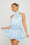Light Blue Chiffon Halter Neck Tiered Mini Dress