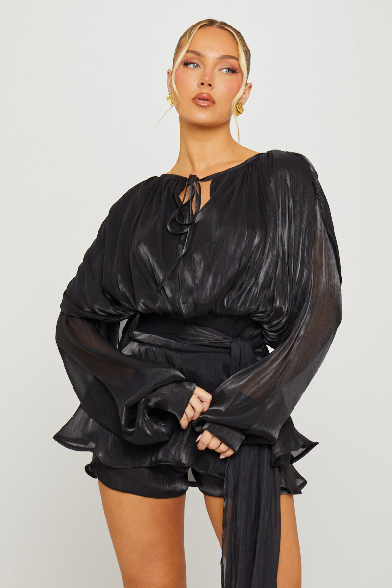 Black Fully Pleated Ruffle Mini Dress