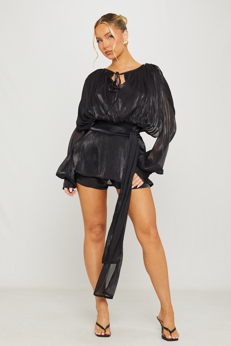 Black Fully Pleated Ruffle Mini Dress