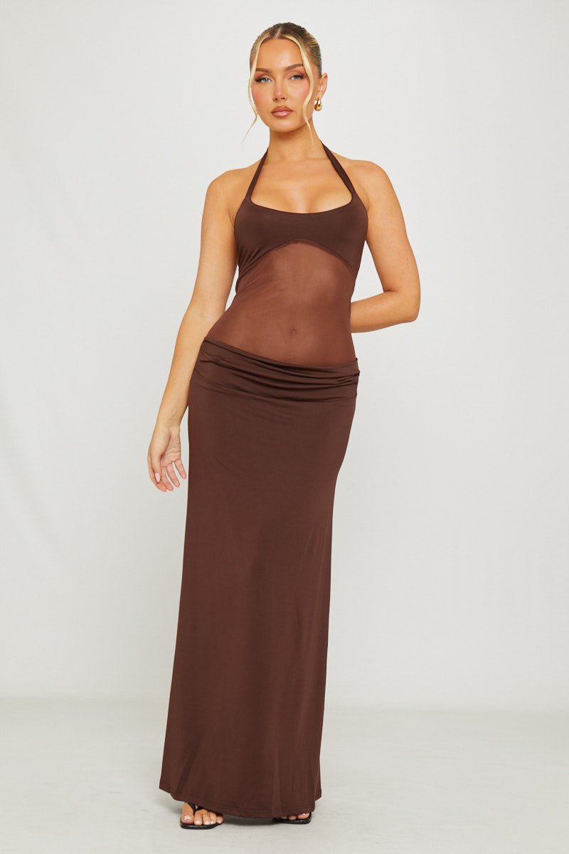 Brown Halter Mesh Panel Detail Maxi Dress