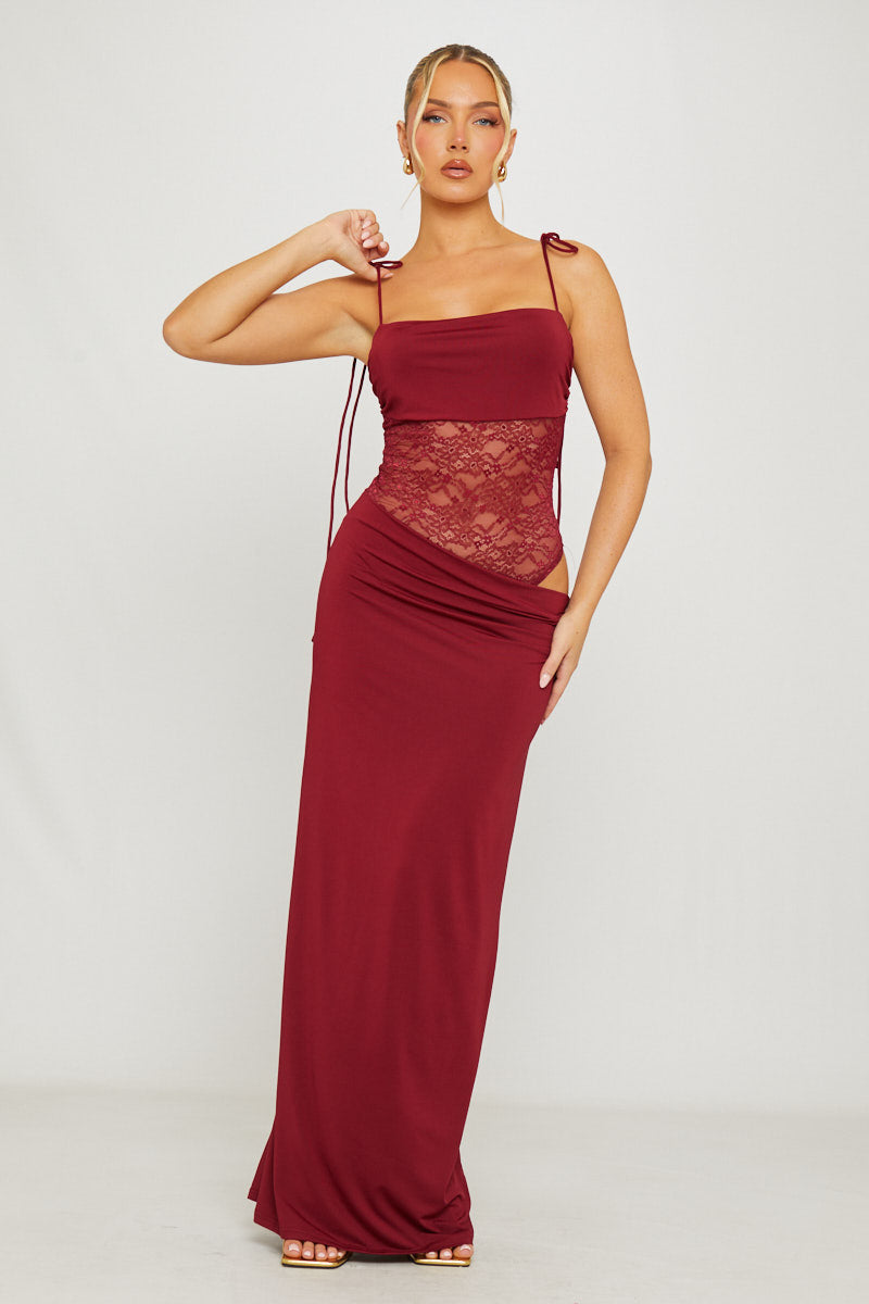 Burgundy Lace Detail Shoulder Tie Maxi Dress