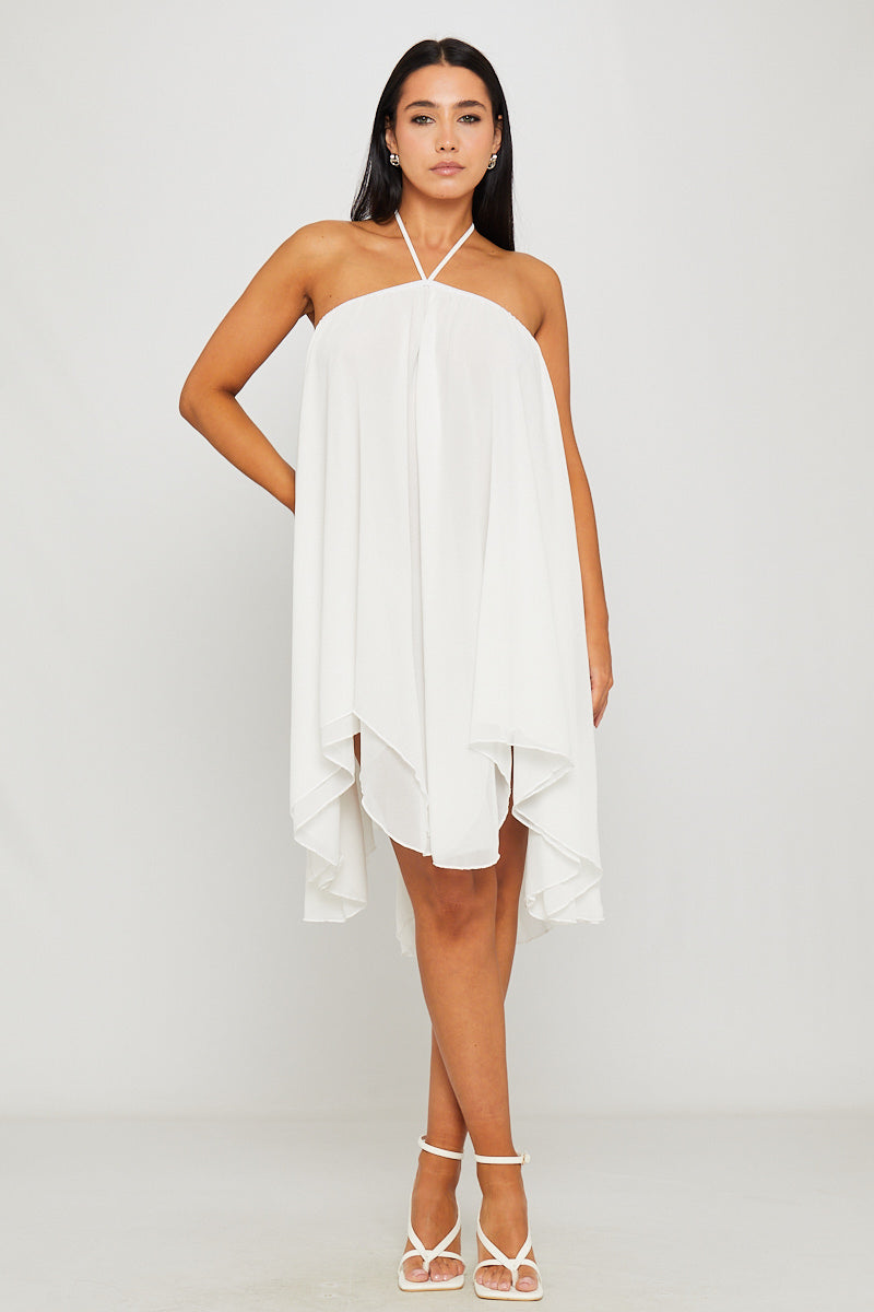White Chiffon Halter Asymmetric Mini Dress