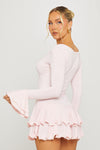 Pink Flare Sleeve Ruffle Pleated Mini Dress