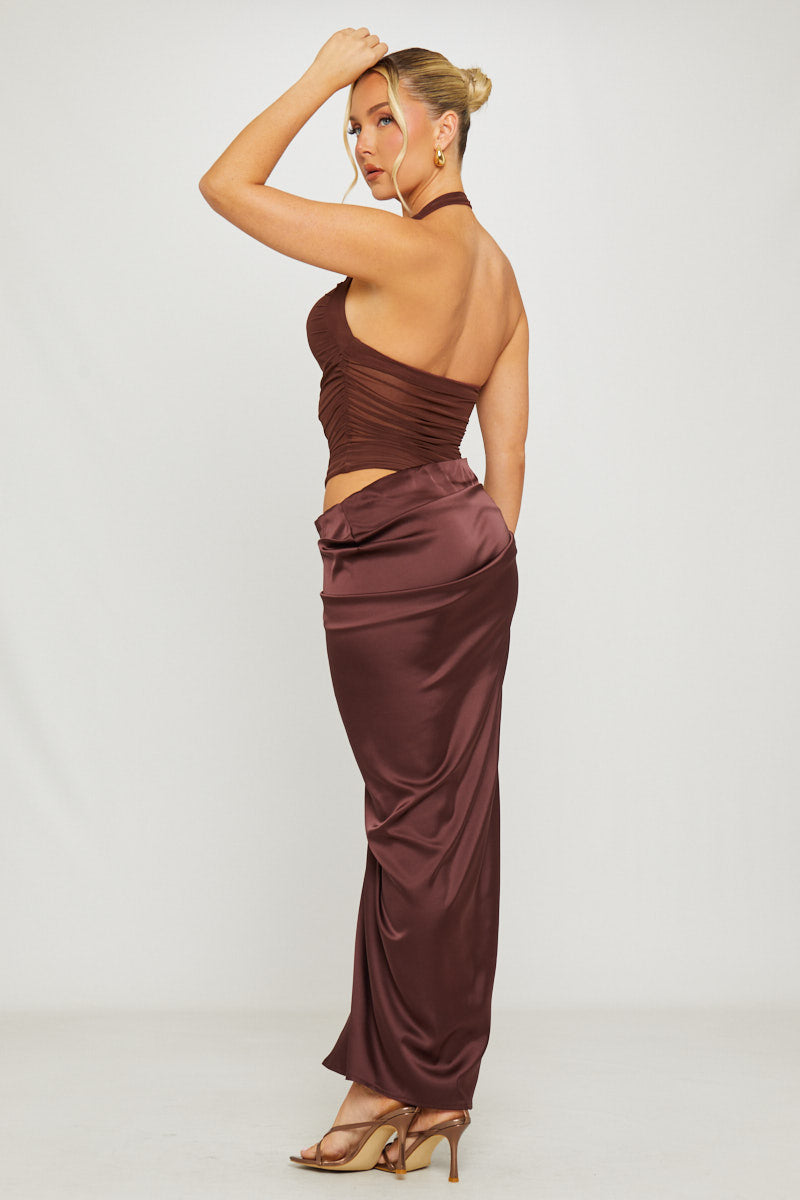 Brown Halter Neck Mesh Detail Asymmetric Maxi Dress